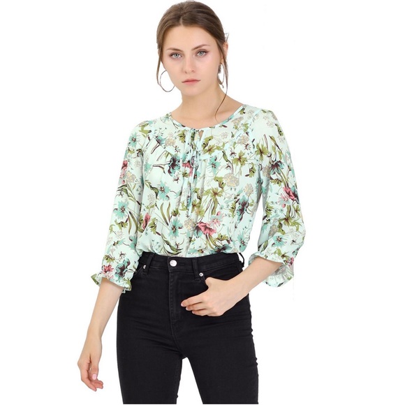 NWT! Allegra K Women's Floral Bow Tie Neck
Vintage 3/4 Sleeve Blouse Green S - Picture 1 of 6